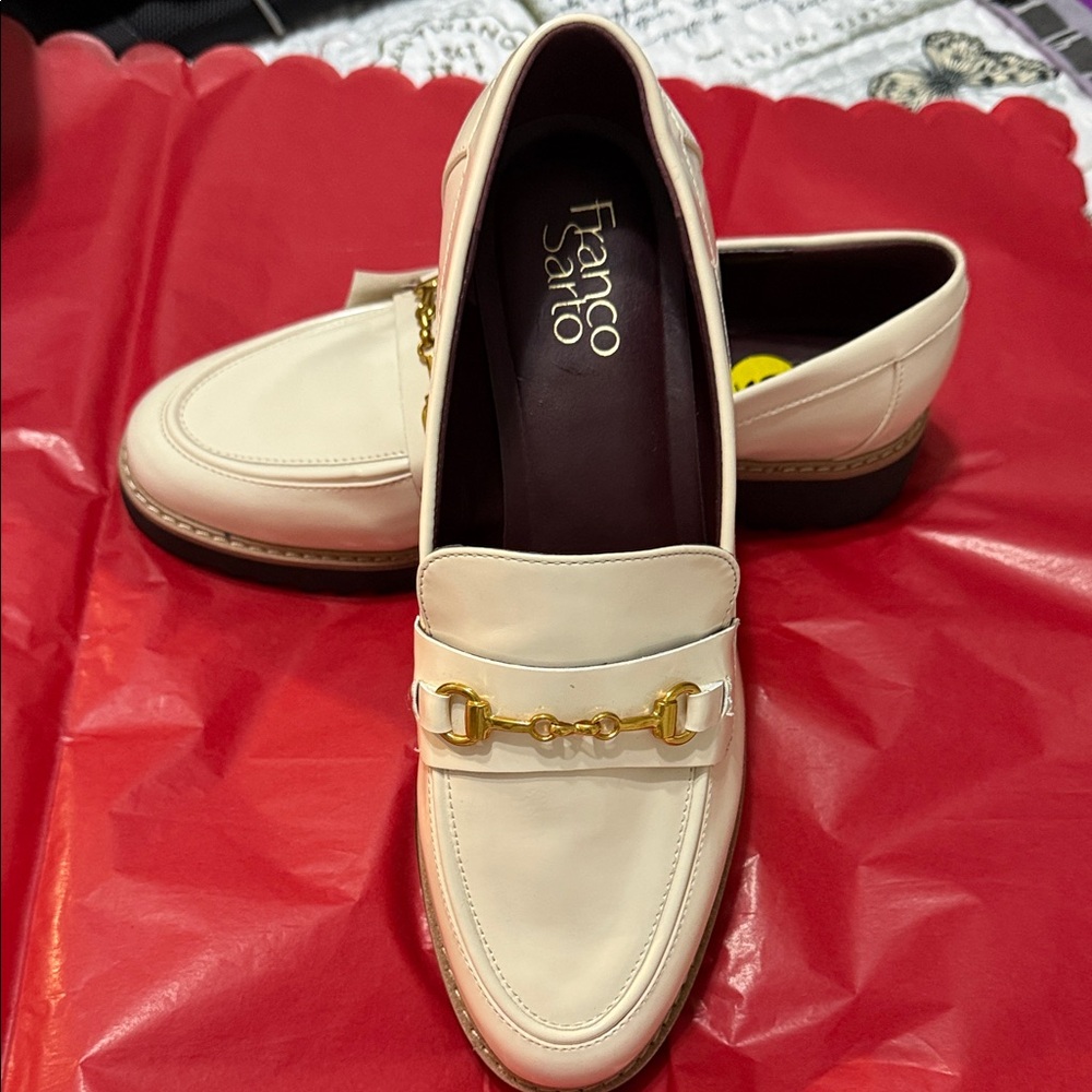 Franco Sarto Women's Cream Loafers with Gold Accent